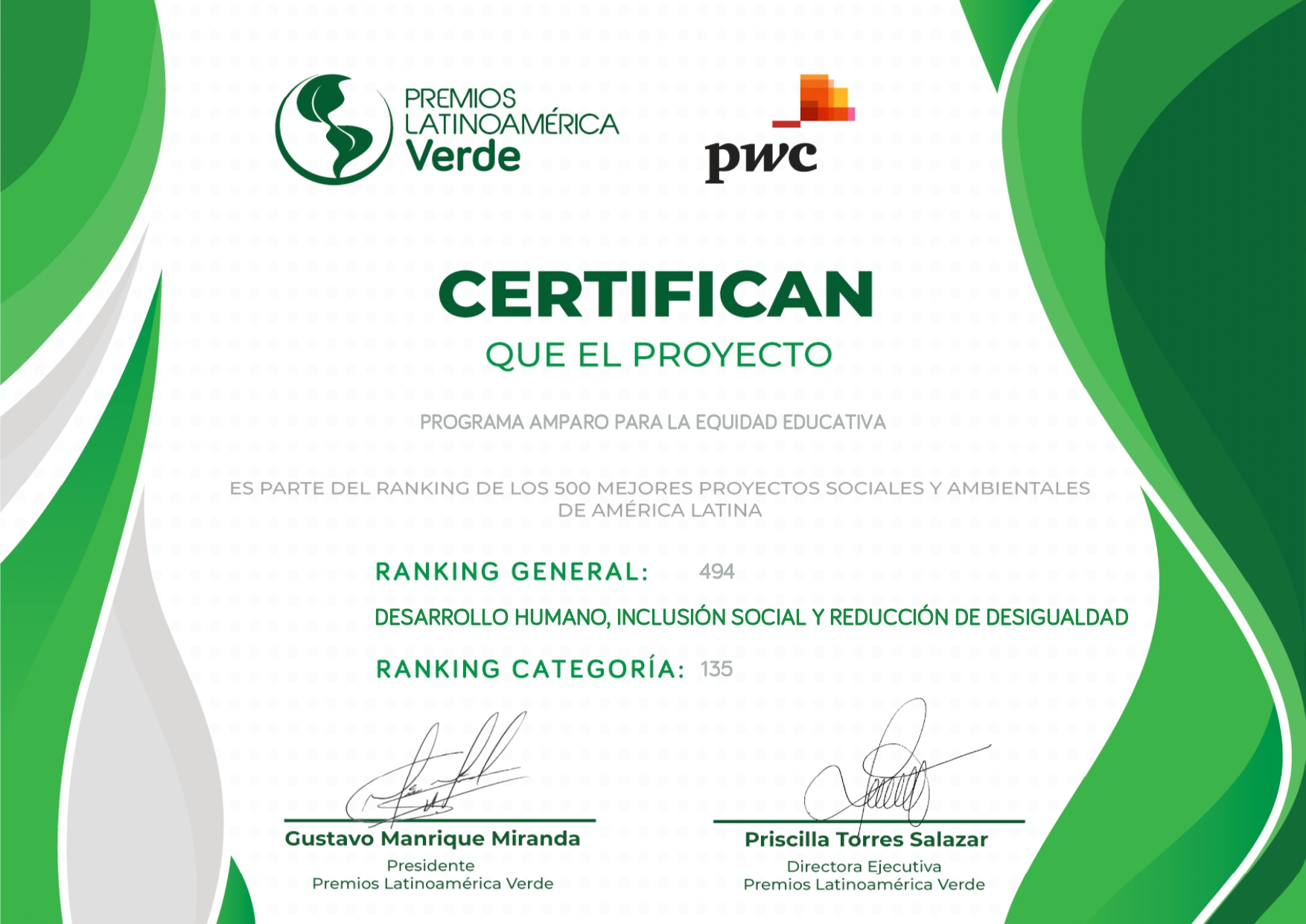 Certificado Premios LV Programa Amparo